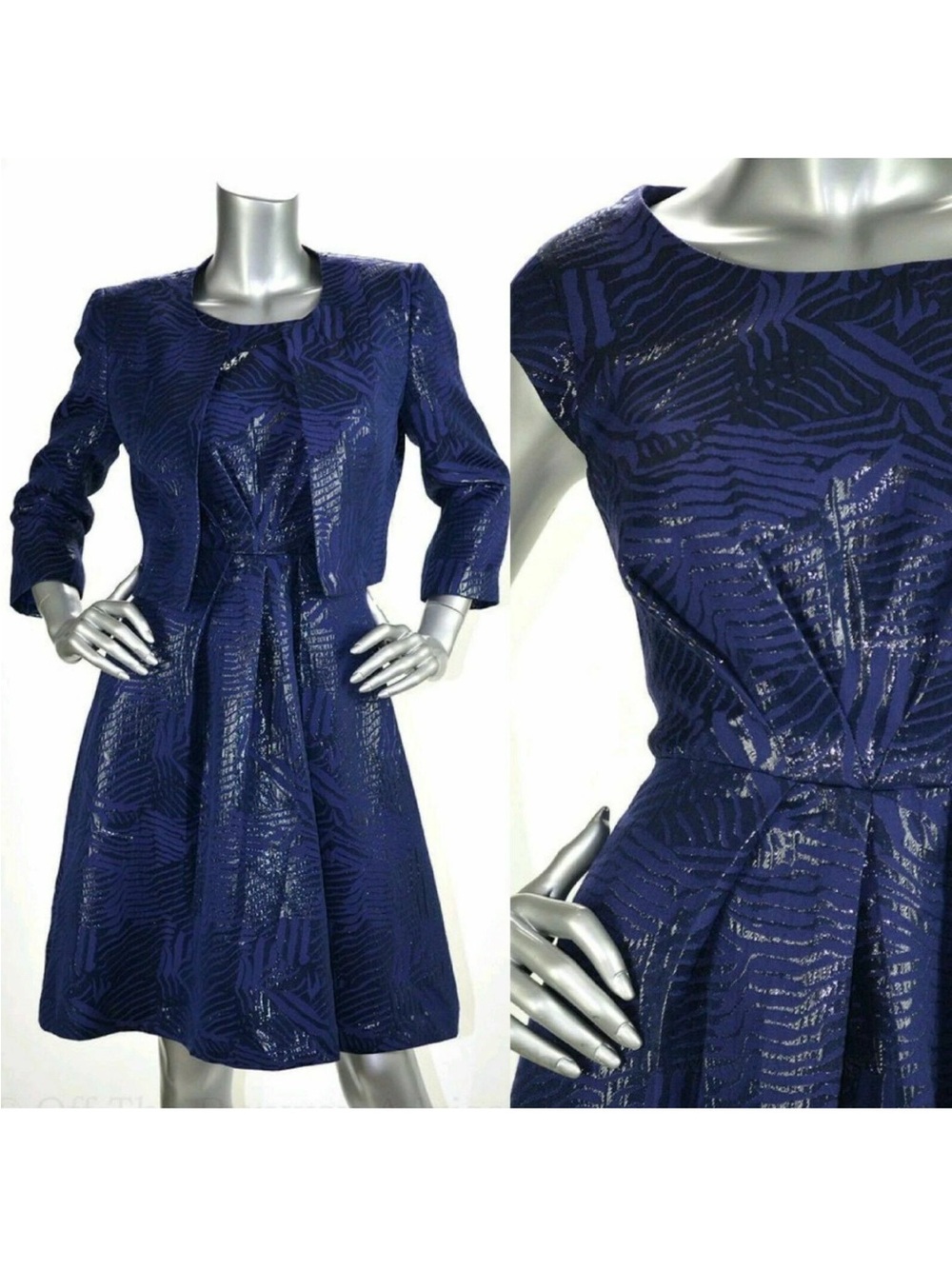 Nipon Boutique Navy Textured Formal Dress with Cropped Jacket